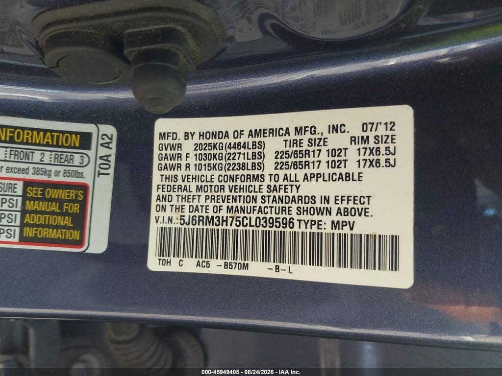 5J6RM3H75CL039596 2012 HONDA CR-V photo no. 9