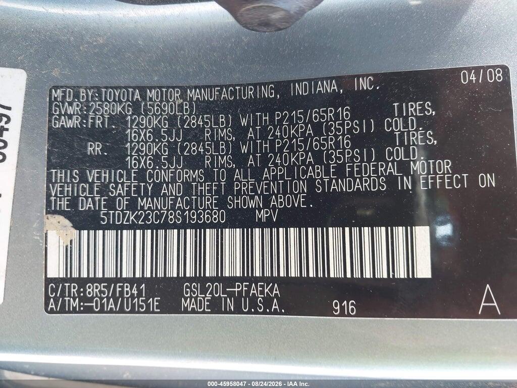 5TDZK23C78S193680 2008 TOYOTA SIENNA photo no. 9
