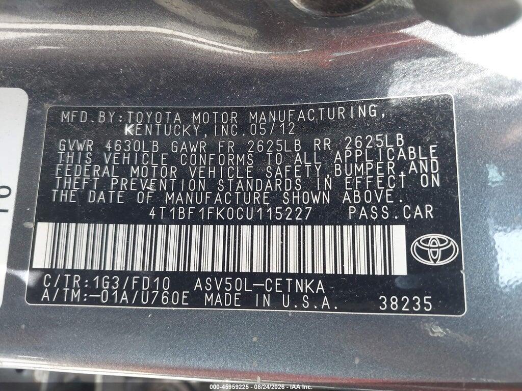 4T1BF1FK0CU115227 2012 TOYOTA CAMRY photo no. 9