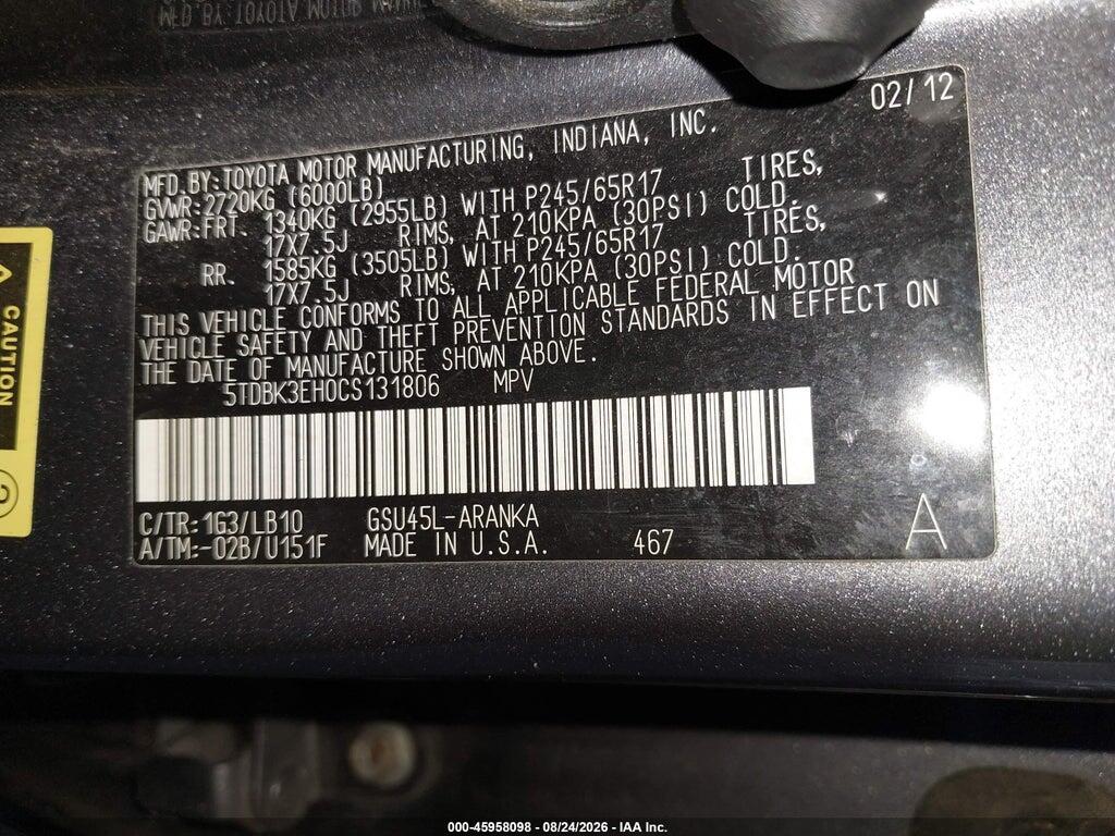 5TDBK3EH0CS131806 2012 TOYOTA HIGHLANDER photo no. 9