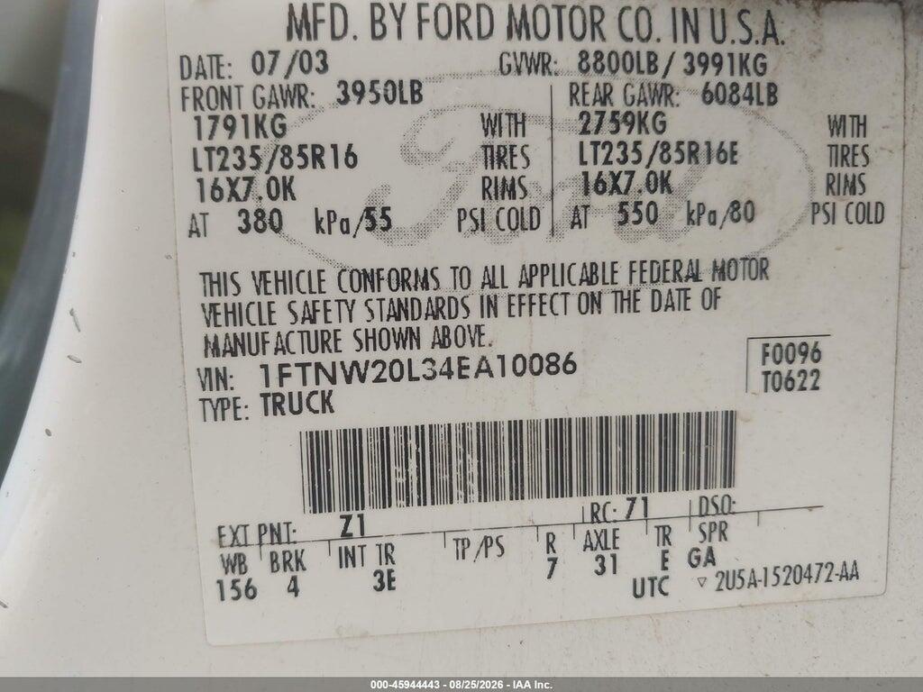 1FTNW20L34EA10086 2004 FORD F-250 photo no. 9
