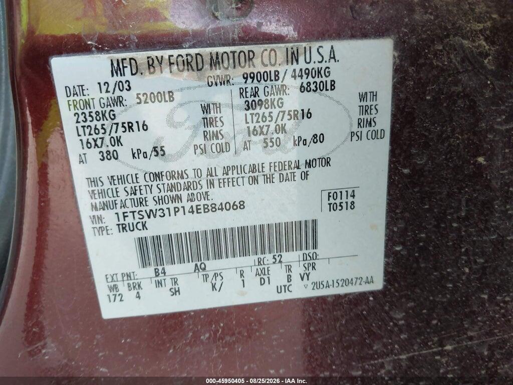 1FTSW31P14EB84068 2004 FORD F-350 photo no. 9