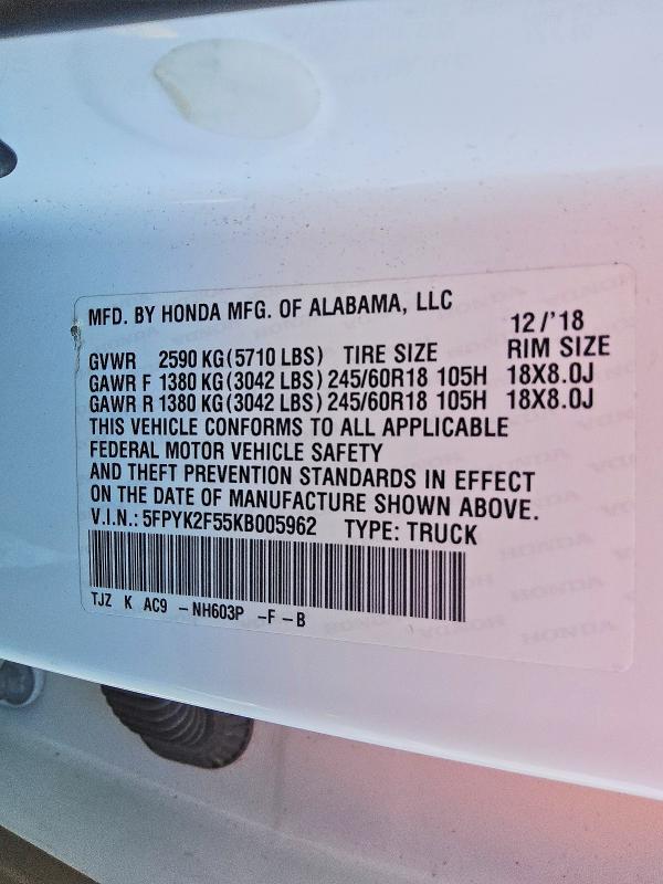 5FPYK2F55KB005962 2019 HONDA RIDGELINE photo no. 12