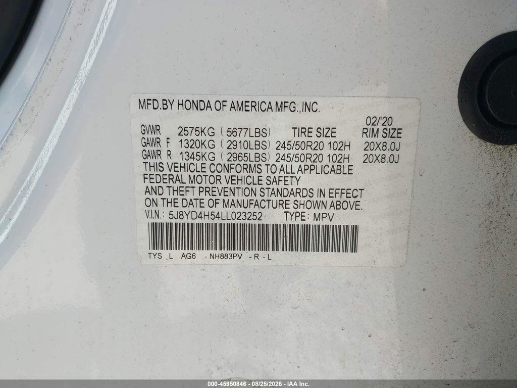 5J8YD4H54LL023252 2020 ACURA MDX photo no. 9