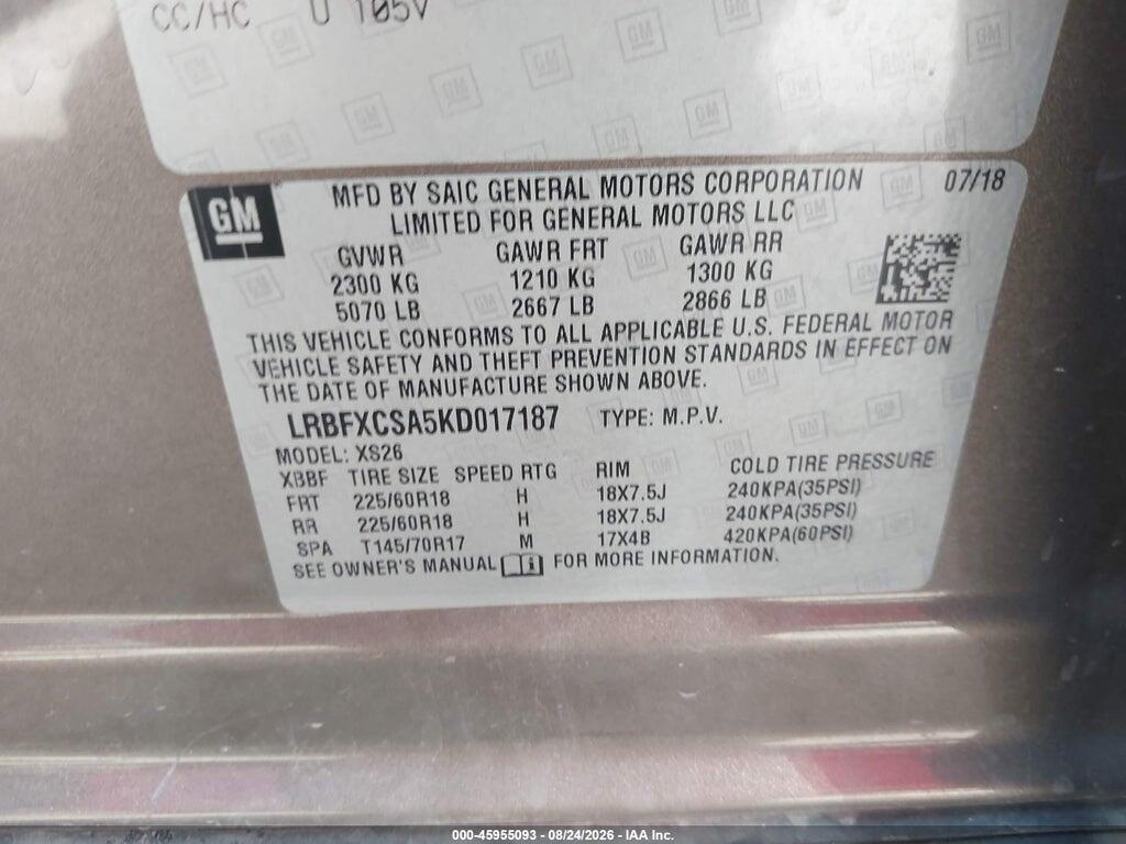 LRBFXCSA5KD017187 2019 BUICK ENVISION photo no. 9