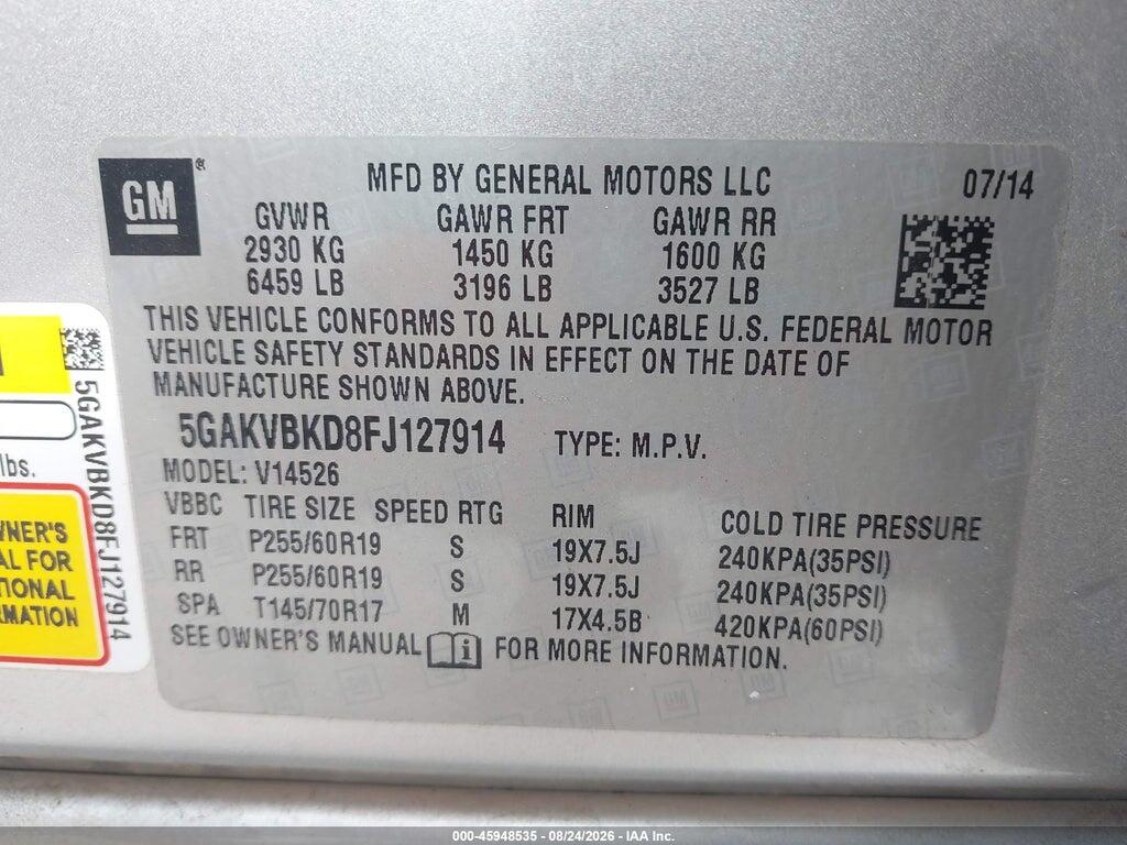 5GAKVBKD8FJ127914 2015 BUICK ENCLAVE photo no. 9