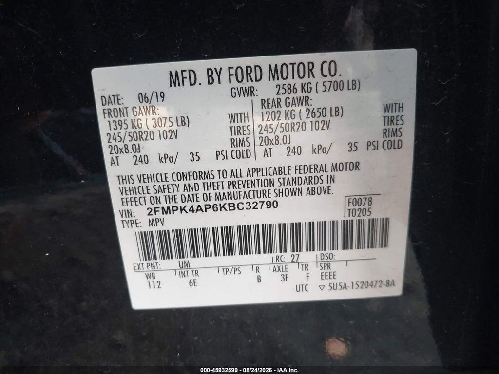 2FMPK4AP6KBC32790 2019 FORD EDGE photo no. 9