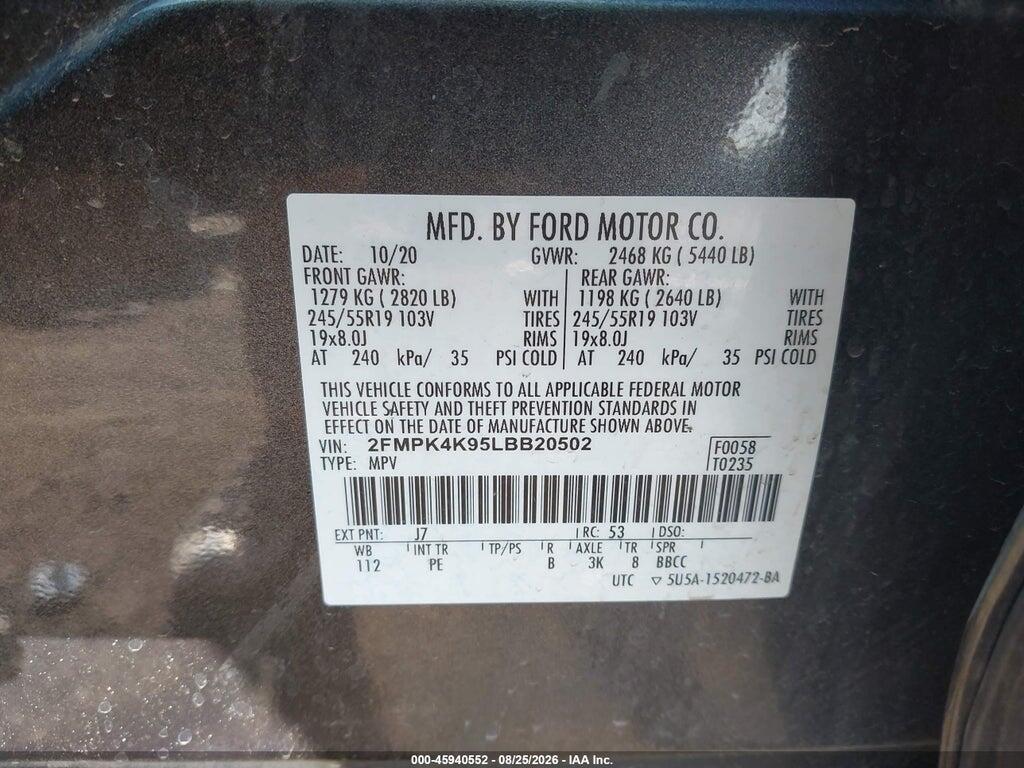 2FMPK4K95LBB20502 2020 FORD EDGE photo no. 9