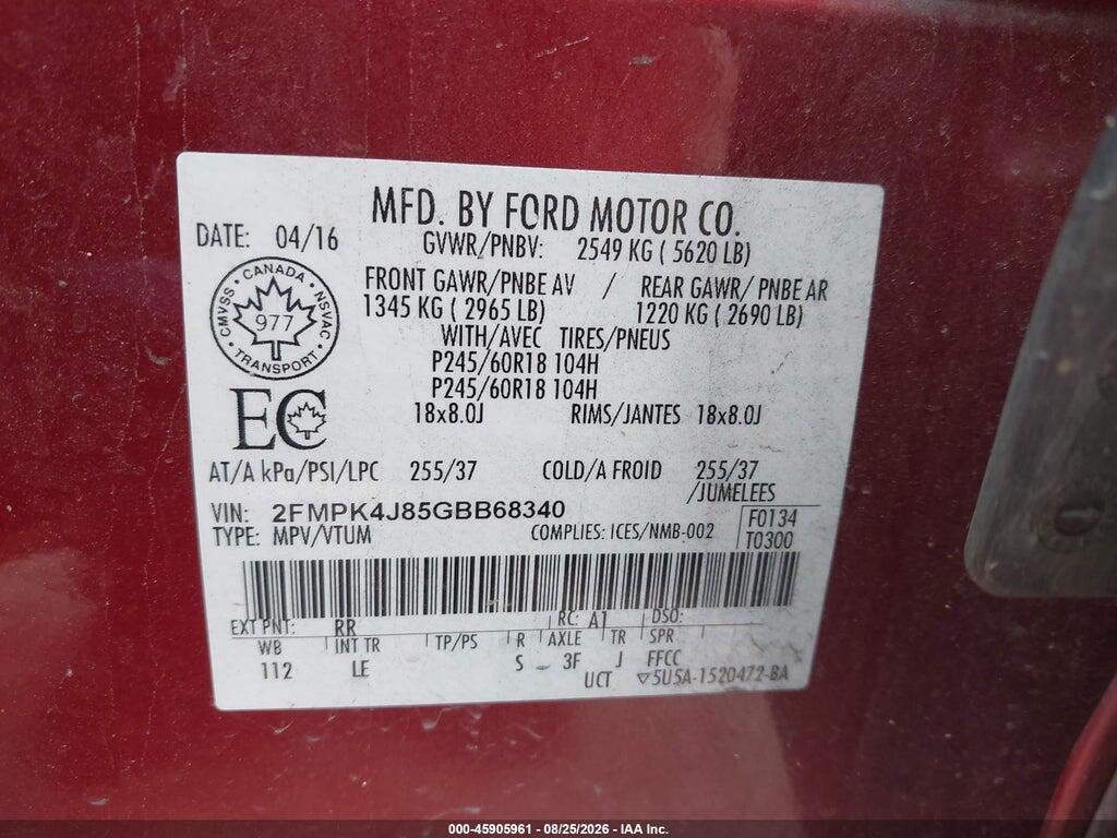 2FMPK4J85GBB68340 2016 FORD EDGE photo no. 9