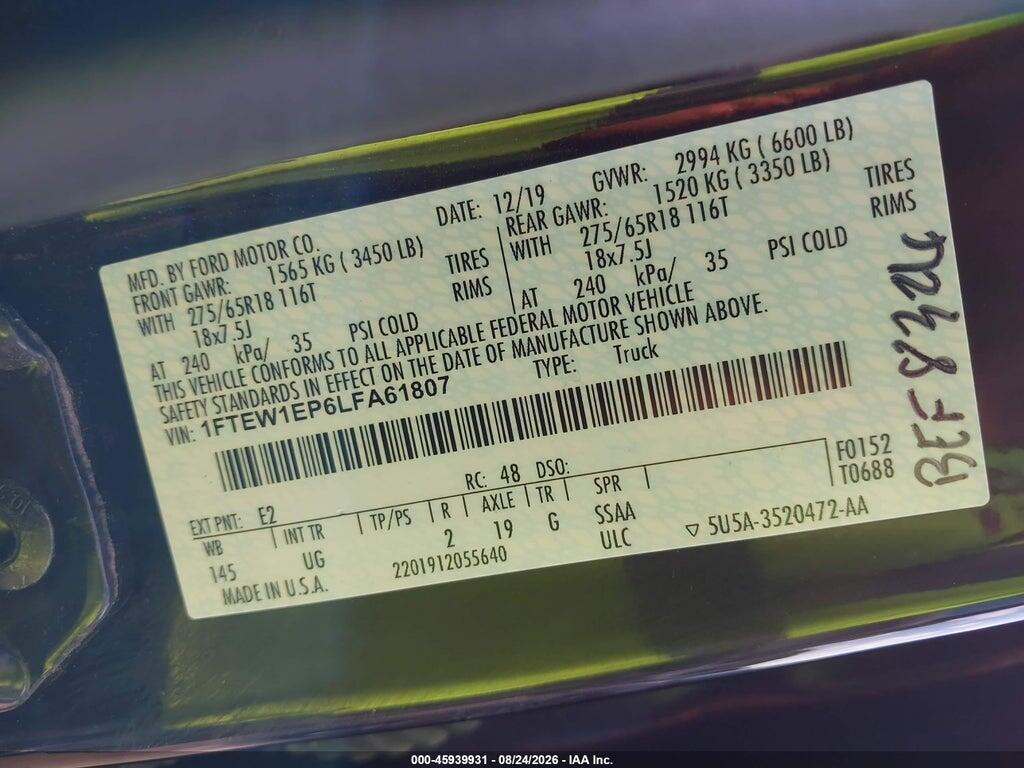 1FTEW1EP6LFA61807 2020 FORD F-150 photo no. 9