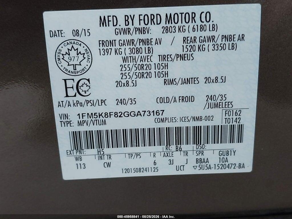 1FM5K8F82GGA73167 2016 FORD EXPLORER photo no. 9