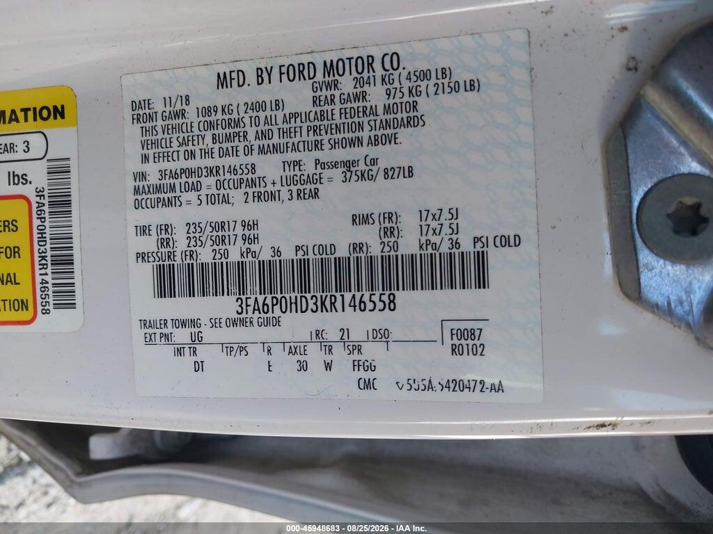 3FA6P0HD3KR146558 2019 FORD FUSION photo no. 9