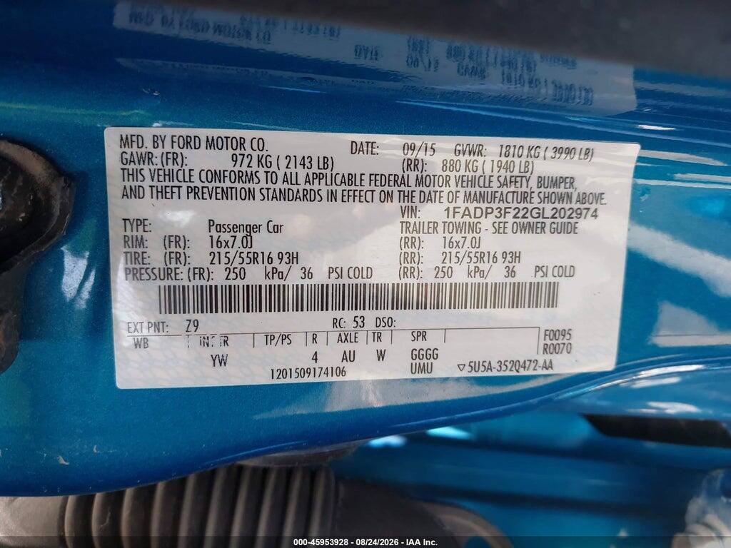 1FADP3F22GL202974 2016 FORD FOCUS photo no. 9