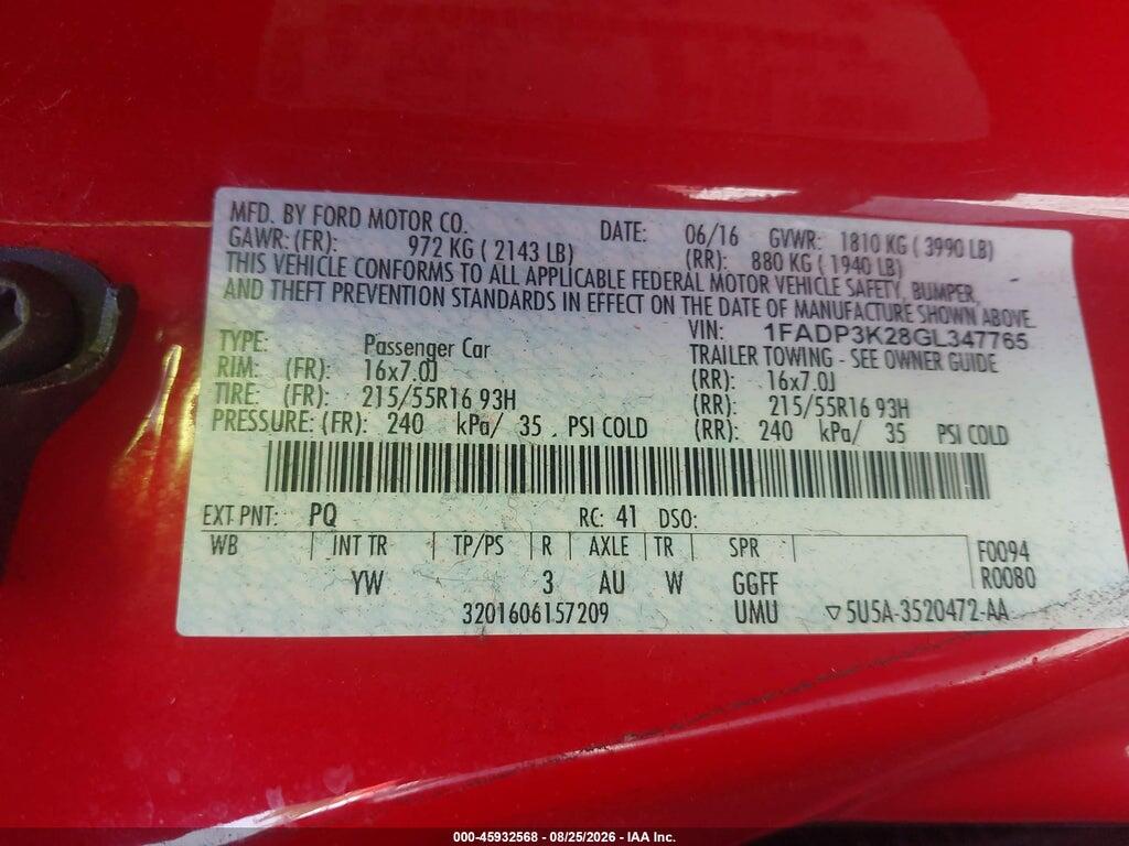 1FADP3K28GL347765 2016 FORD FOCUS photo no. 9
