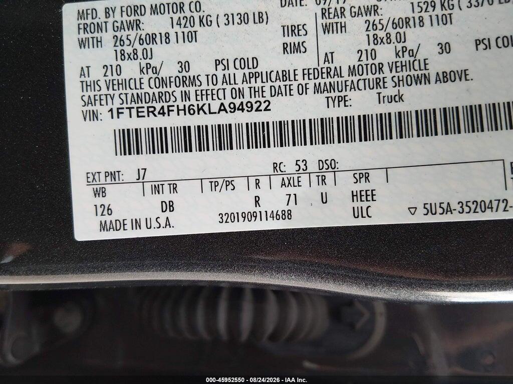 1FTER4FH6KLA94922 2019 FORD RANGER photo no. 9