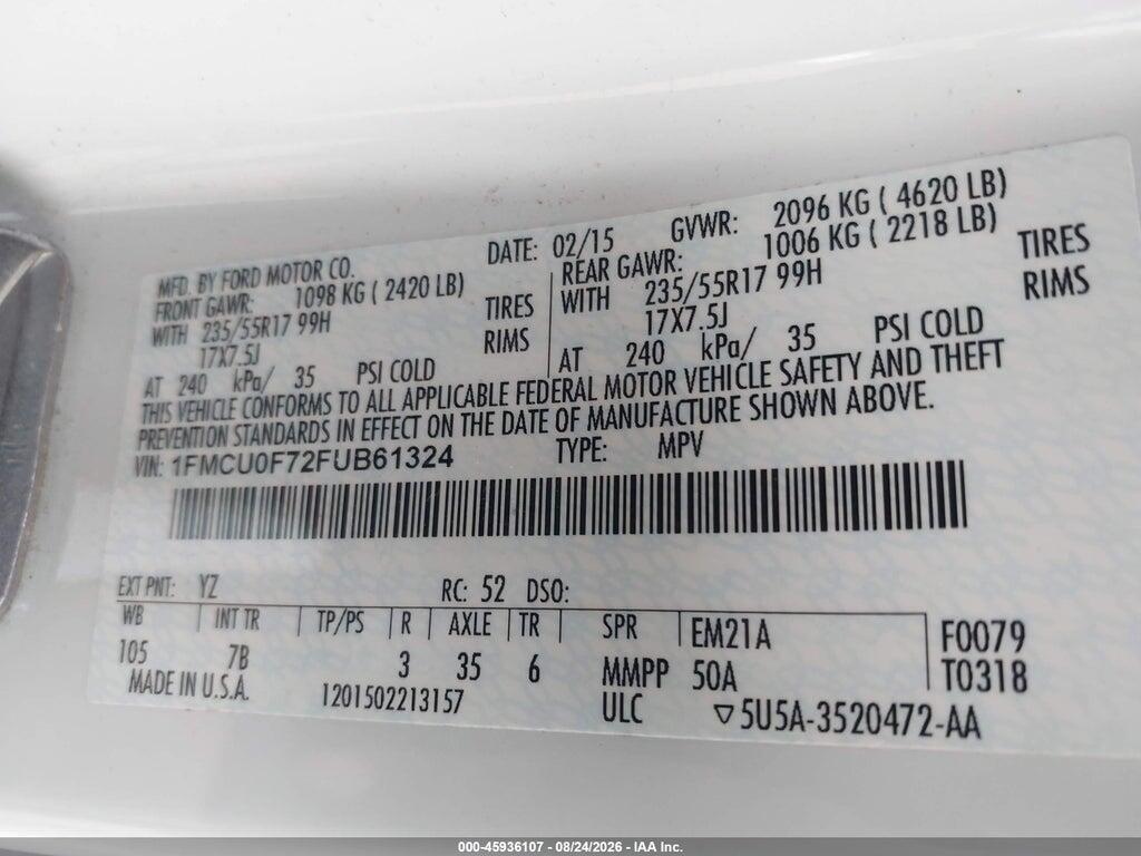 1FMCU0F72FUB61324 2015 FORD ESCAPE photo no. 9