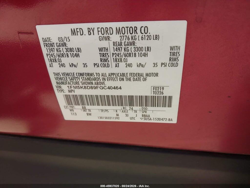 1FM5K8D89FGC40464 2015 FORD EXPLORER photo no. 9