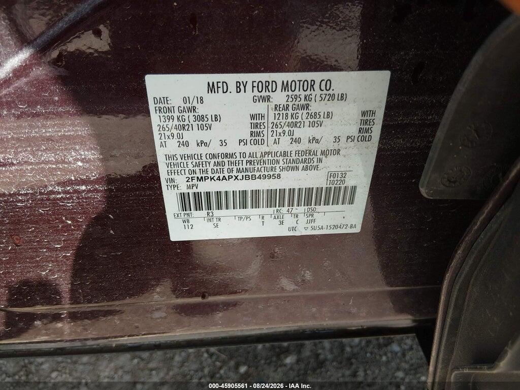 2FMPK4APXJBB49958 2018 FORD EDGE photo no. 9
