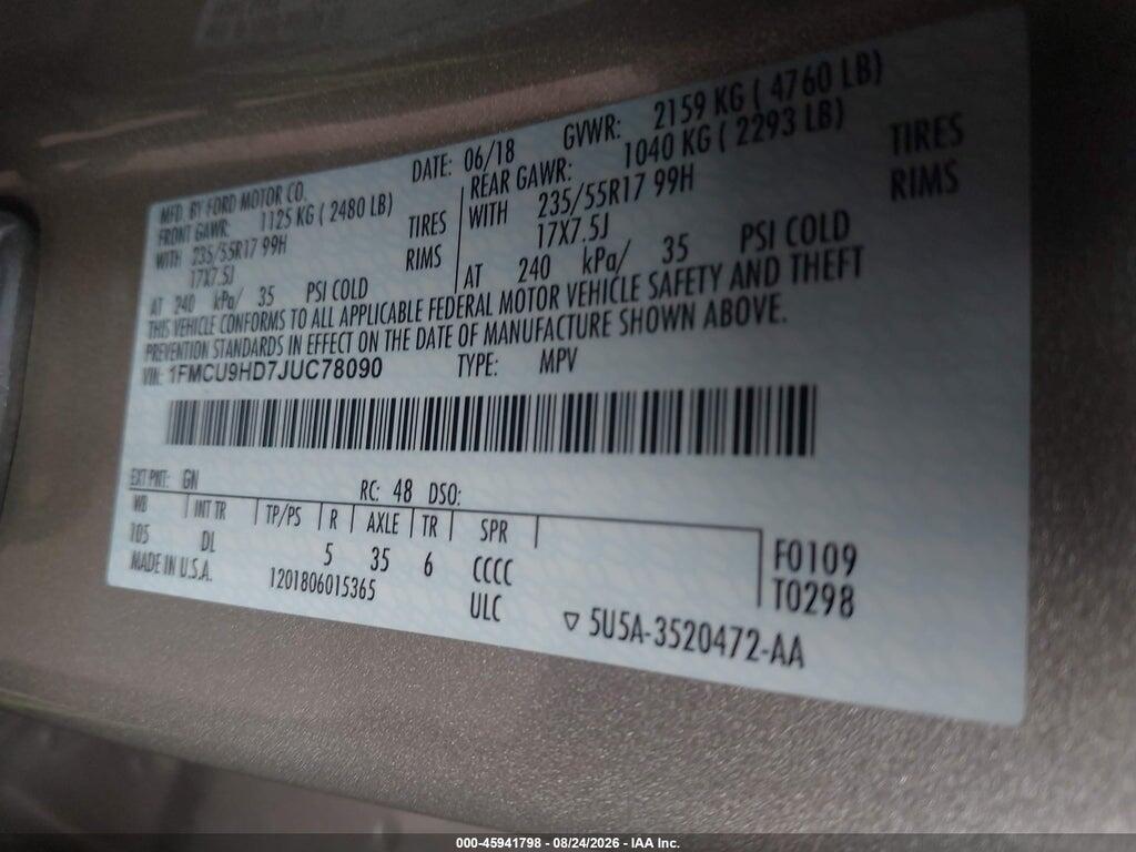 1FMCU9HD7JUC78090 2018 FORD ESCAPE photo no. 9
