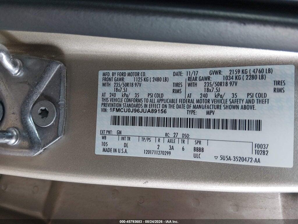 1FMCU0J96JUA89156 2018 FORD ESCAPE photo no. 9