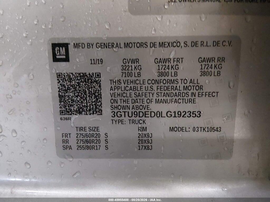 3GTU9DED0LG192353 2020 GMC SIERRA 1500 photo no. 9
