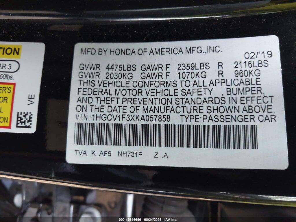 1HGCV1F3XKA057858 2019 HONDA ACCORD photo no. 9