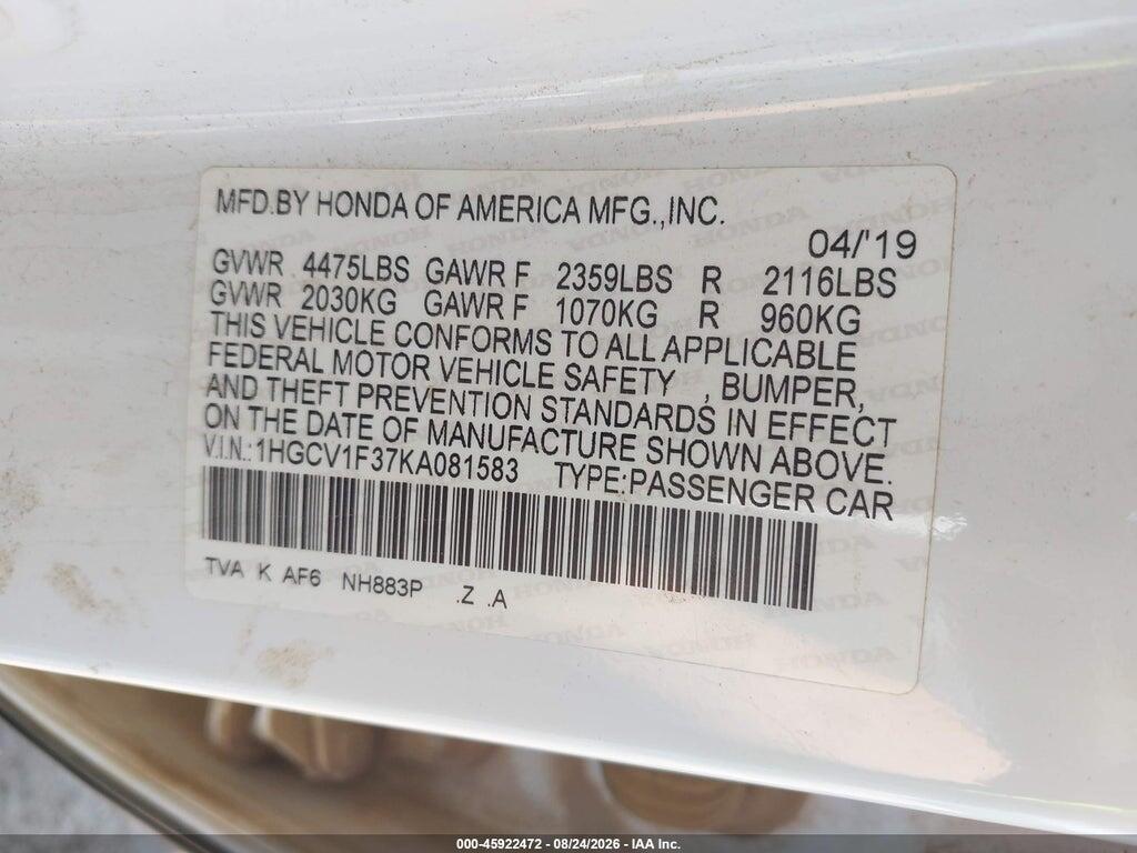 1HGCV1F37KA081583 2019 HONDA ACCORD photo no. 9