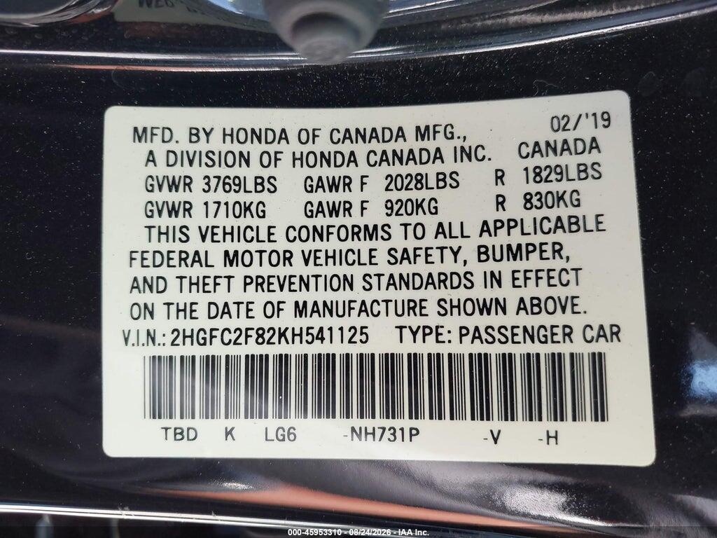 2HGFC2F82KH541125 2019 HONDA CIVIC photo no. 9
