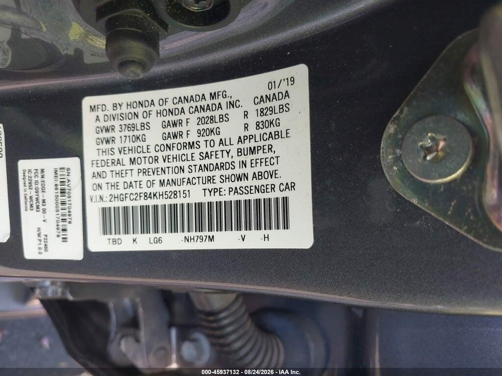 2HGFC2F84KH528151 2019 HONDA CIVIC photo no. 9