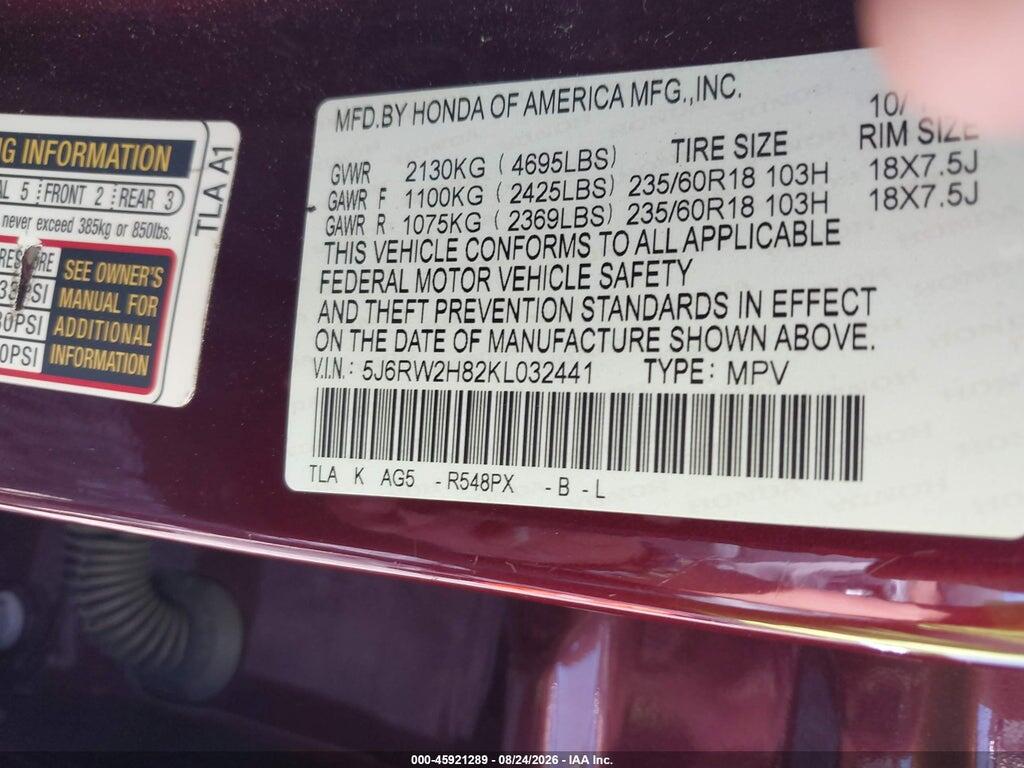 5J6RW2H82KL032441 2019 HONDA CR-V photo no. 9