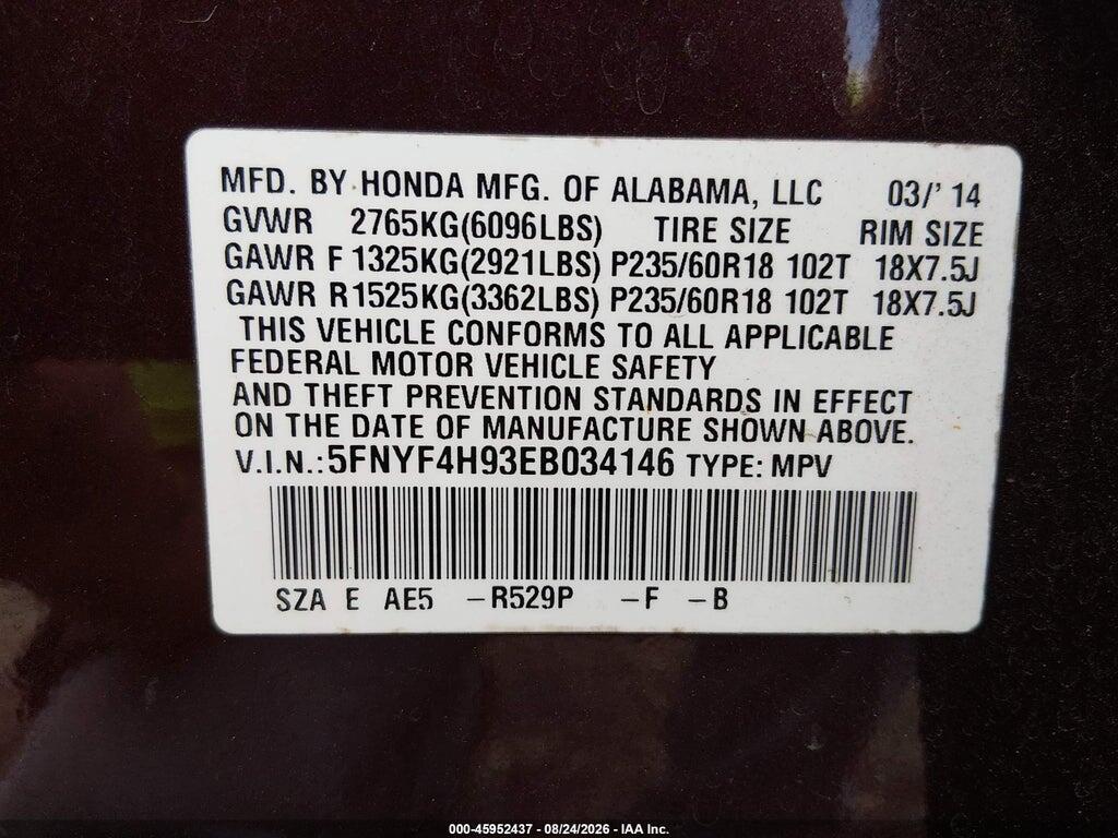 5FNYF4H93EB034146 2014 HONDA PILOT photo no. 9