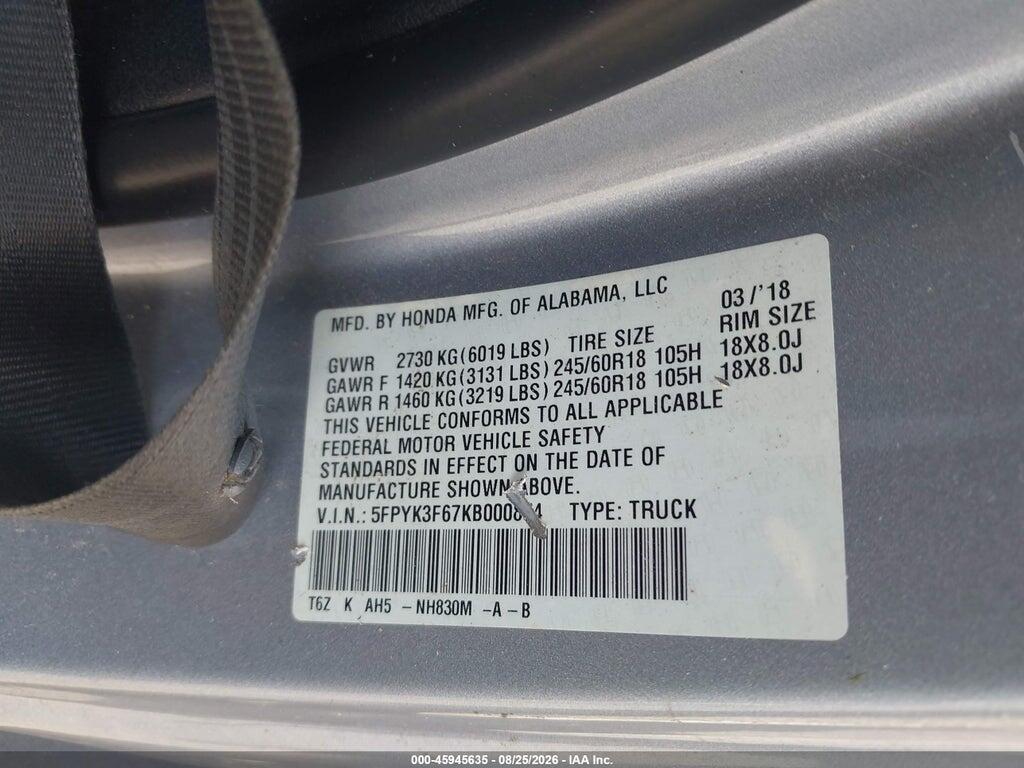 5FPYK3F67KB000874 2019 HONDA RIDGELINE photo no. 9