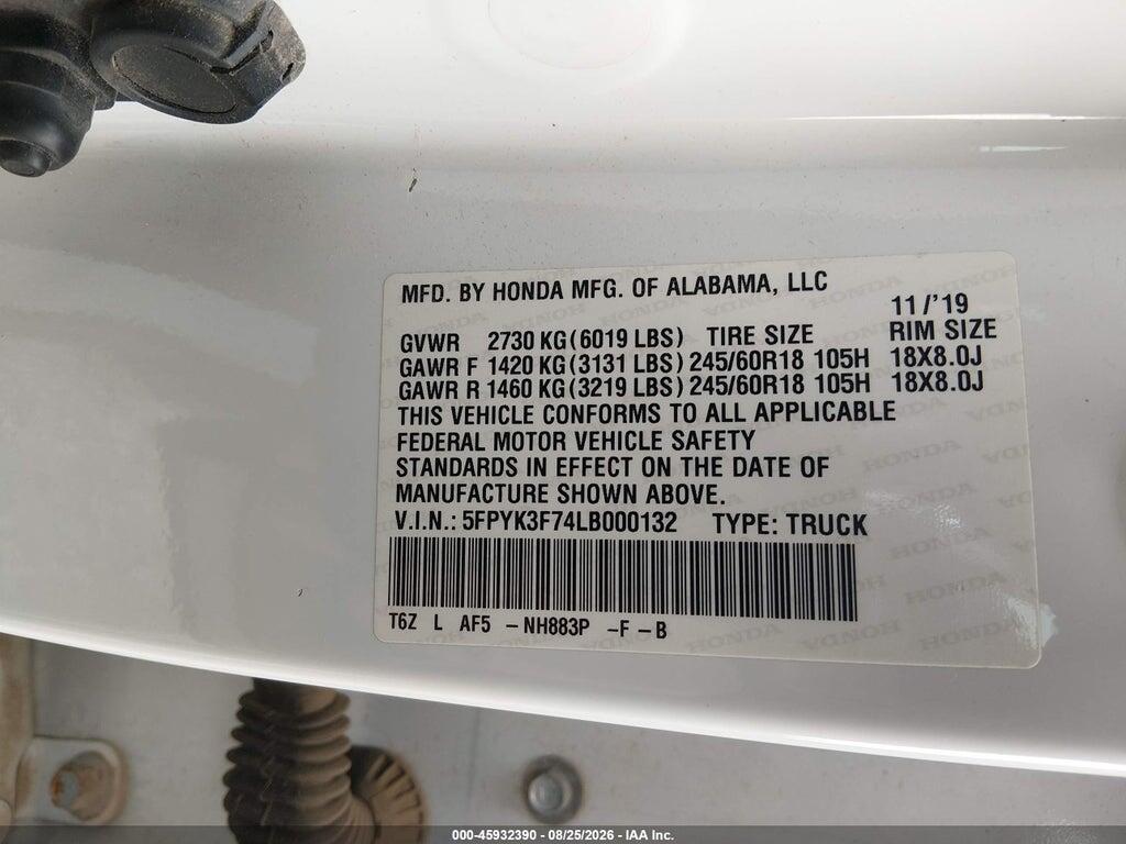 5FPYK3F74LB000132 2020 HONDA RIDGELINE photo no. 9