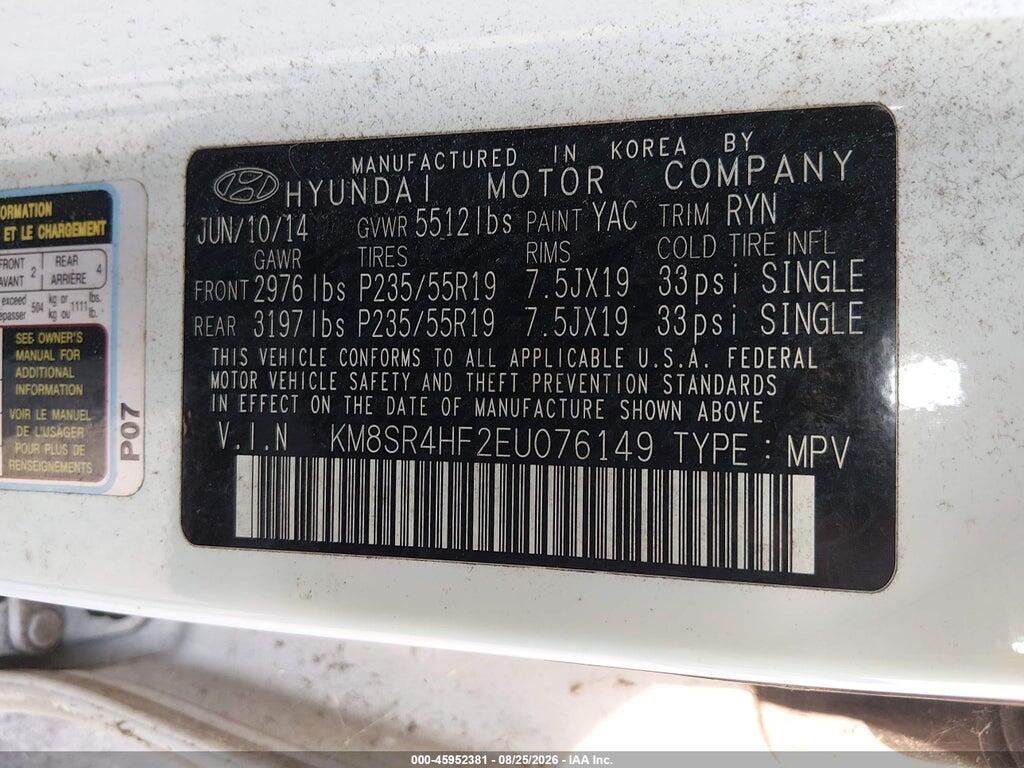KM8SR4HF2EU076149 2014 HYUNDAI SANTA FE photo no. 9