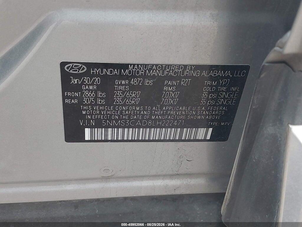 5NMS3CAD8LH222471 2020 HYUNDAI SANTA FE photo no. 9