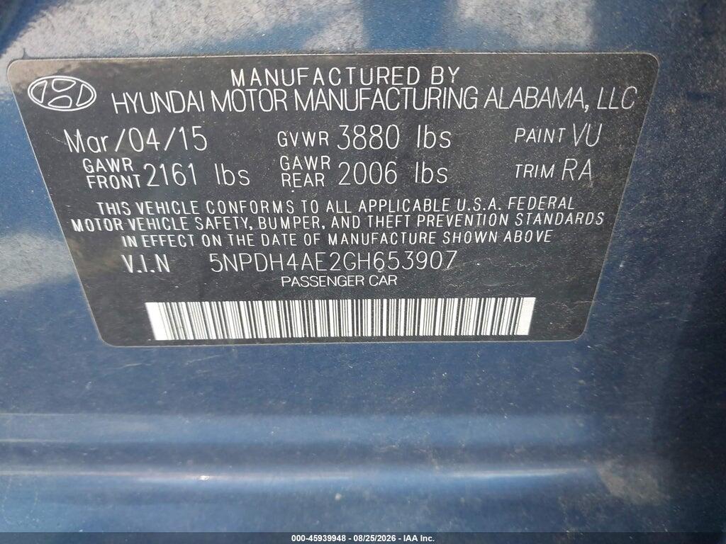5NPDH4AE2GH653907 2016 HYUNDAI ELANTRA photo no. 9