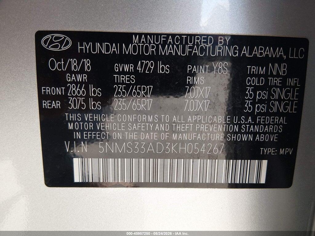 5NMS33AD3KH054267 2019 HYUNDAI SANTA FE photo no. 9