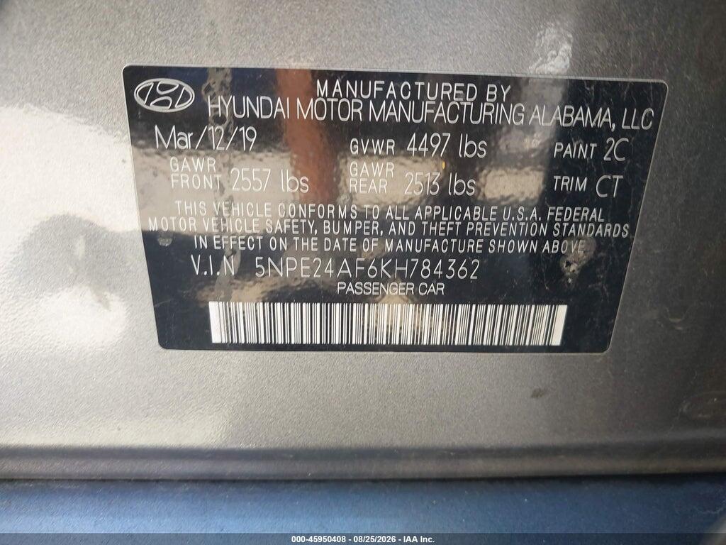 5NPE24AF6KH784362 2019 HYUNDAI SONATA photo no. 9
