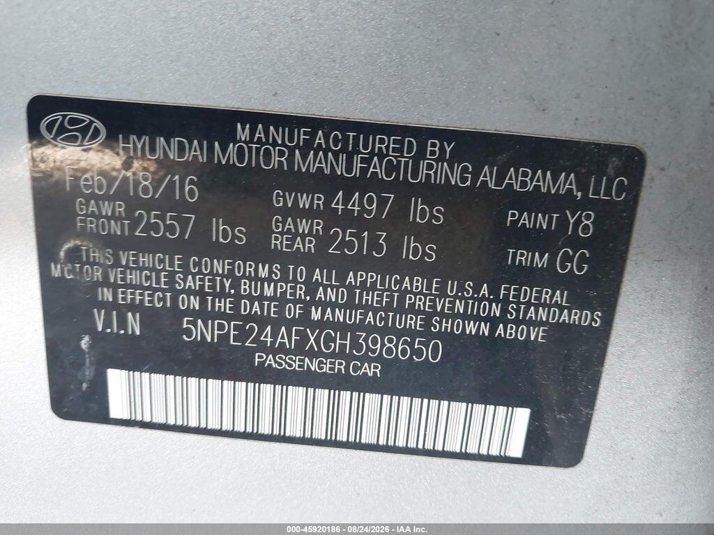 5NPE24AFXGH398650 2016 HYUNDAI SONATA photo no. 9