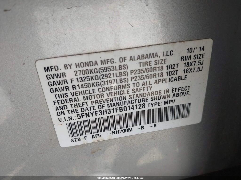 5FNYF3H31FB014128 2015 HONDA PILOT photo no. 9