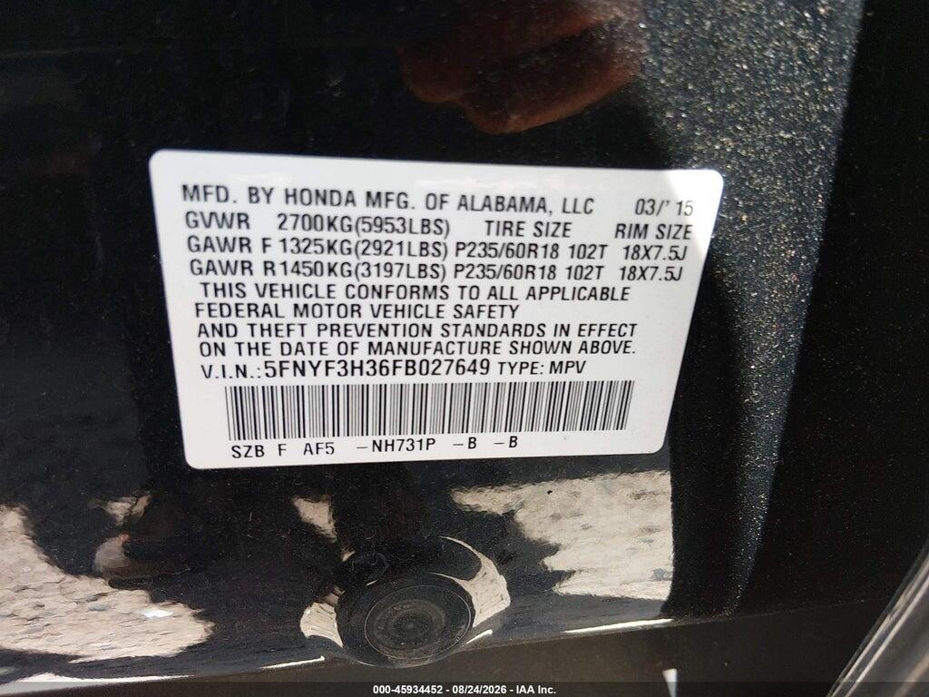5FNYF3H36FB027649 2015 HONDA PILOT photo no. 9
