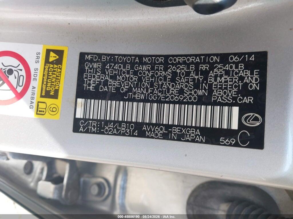 JTHBW1GG7E2069200 2014 LEXUS ES 300H photo no. 9