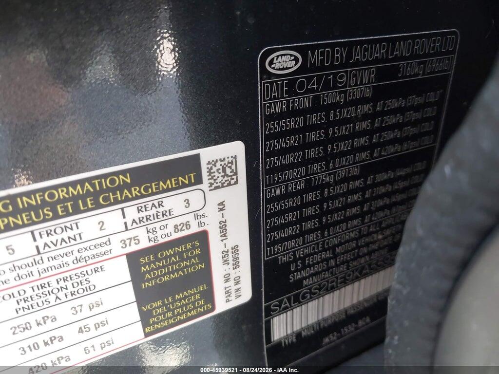 SALGS2RE9KA559555 2019 LAND ROVER RANGE ROVER photo no. 9