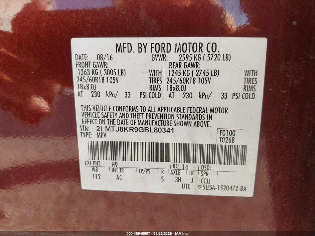 2LMTJ8KR9GBL80341 2016 LINCOLN MKX photo no. 9