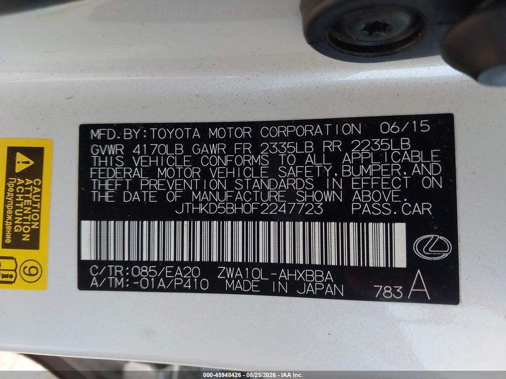 JTHKD5BH0F2247723 2015 LEXUS CT 200H photo no. 9