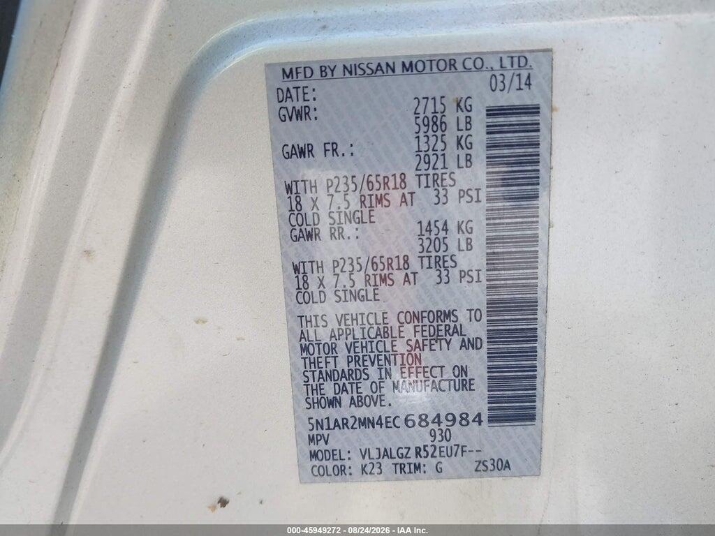5N1AR2MN4EC684984 2014 NISSAN PATHFINDER photo no. 9