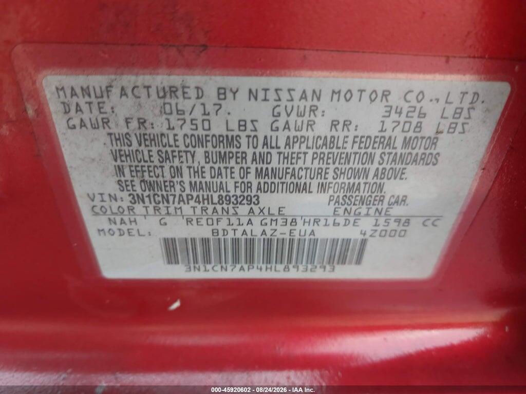 3N1CN7AP4HL893293 2017 NISSAN VERSA photo no. 9