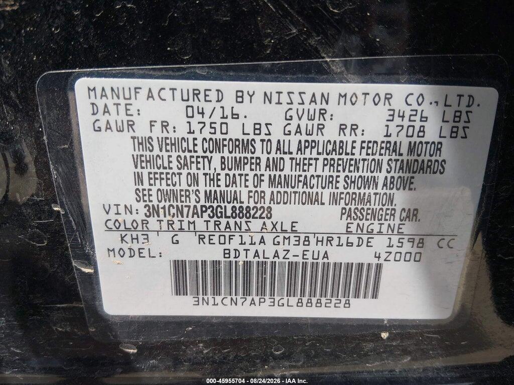 3N1CN7AP3GL888228 2016 NISSAN VERSA photo no. 9