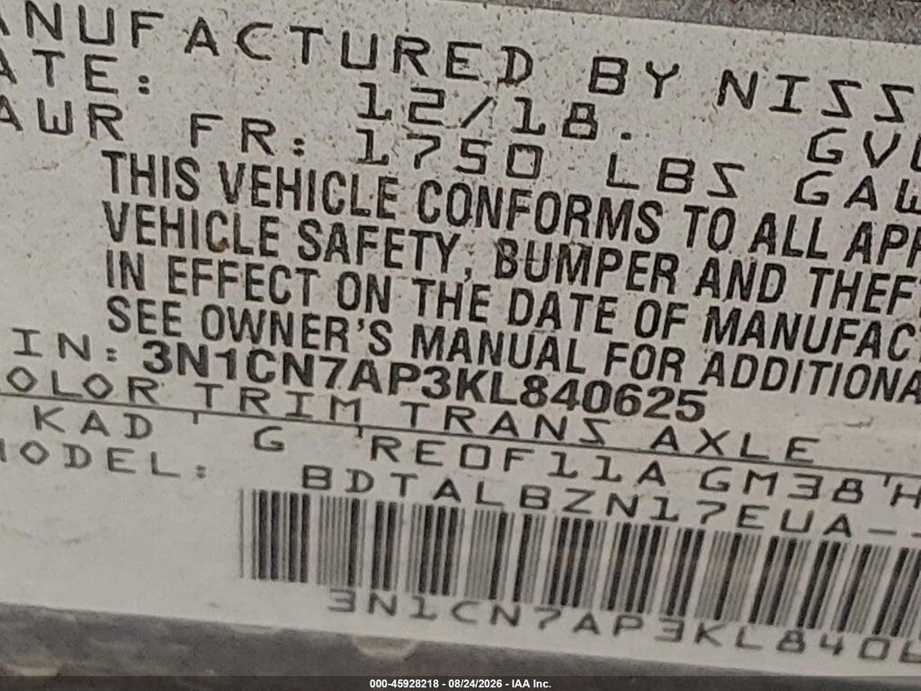 3N1CN7AP3KL840625 2019 NISSAN VERSA photo no. 9