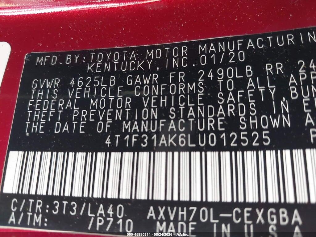 4T1F31AK6LU012525 2020 TOYOTA CAMRY photo no. 9